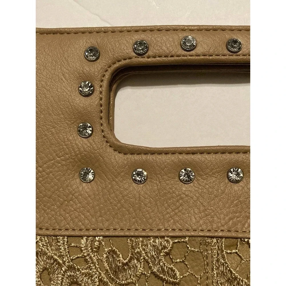 Gold & Tan Lace Wrapped Clutch Purse With Rhinestone Embellishments Evening Bag‎
